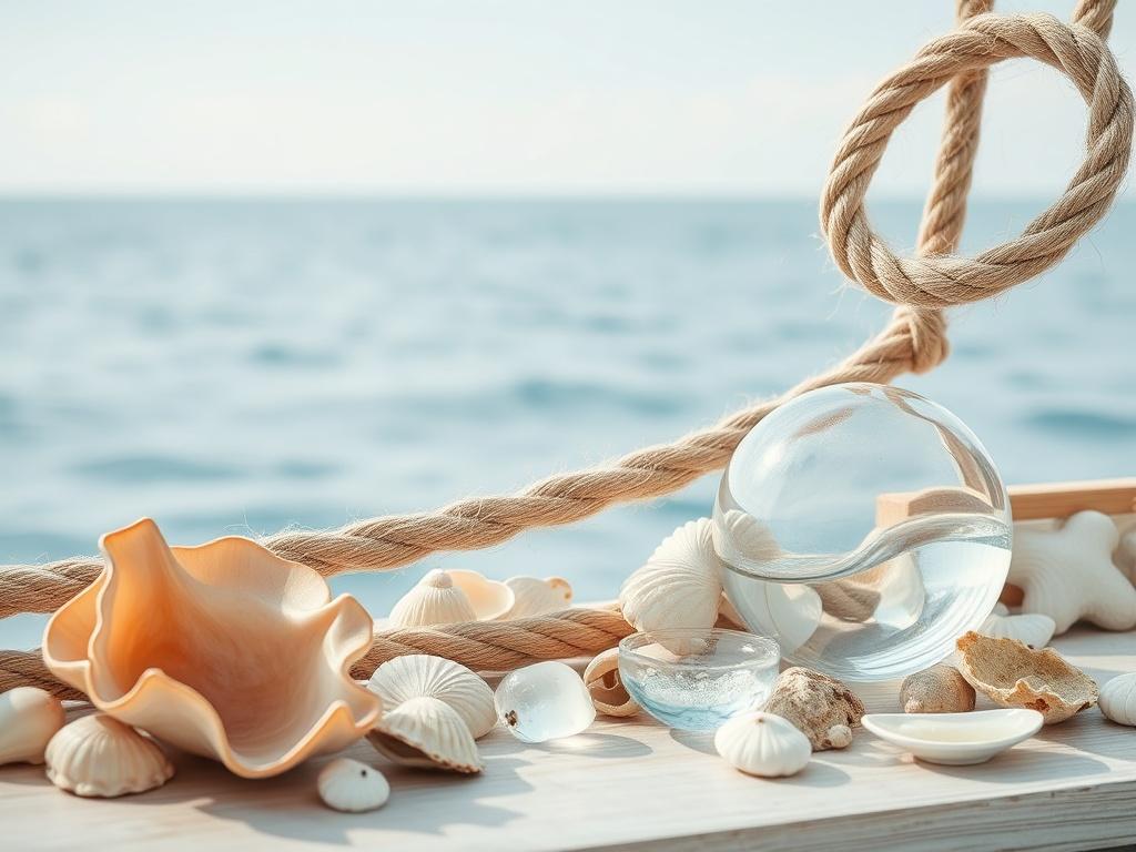 Морской бриз: ракушки, канаты, стеклянные шары