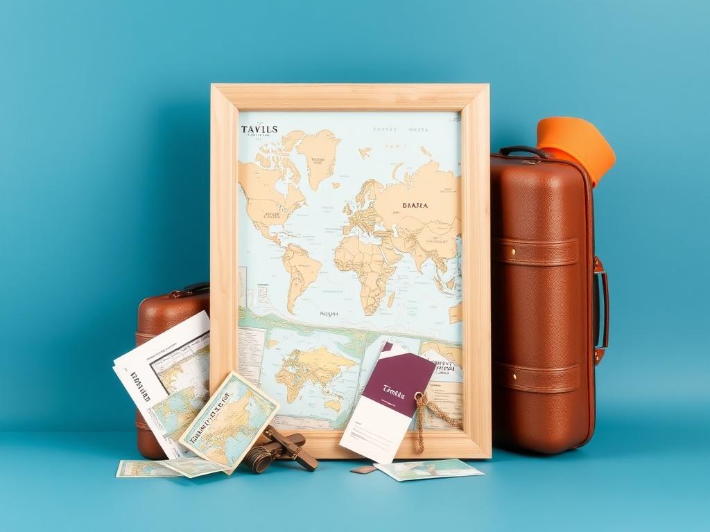 Путешествия: карты, чемоданы, билеты в рамку